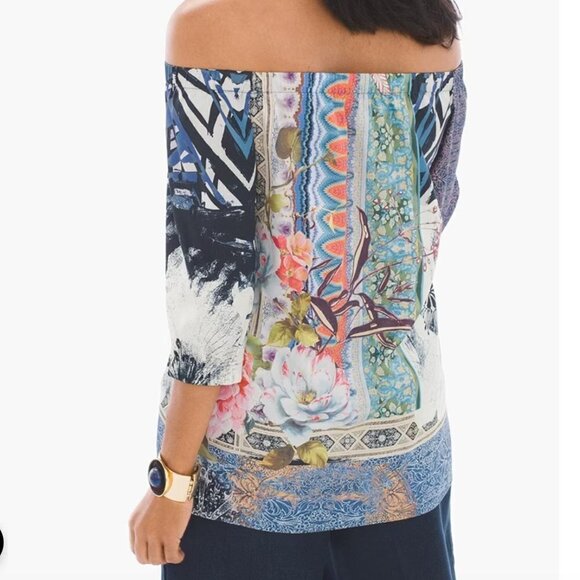 Chico's women's 2 (Large) botanical feminine off the shoulder top 3/4 sleeve EUC - Picture 3 of 10